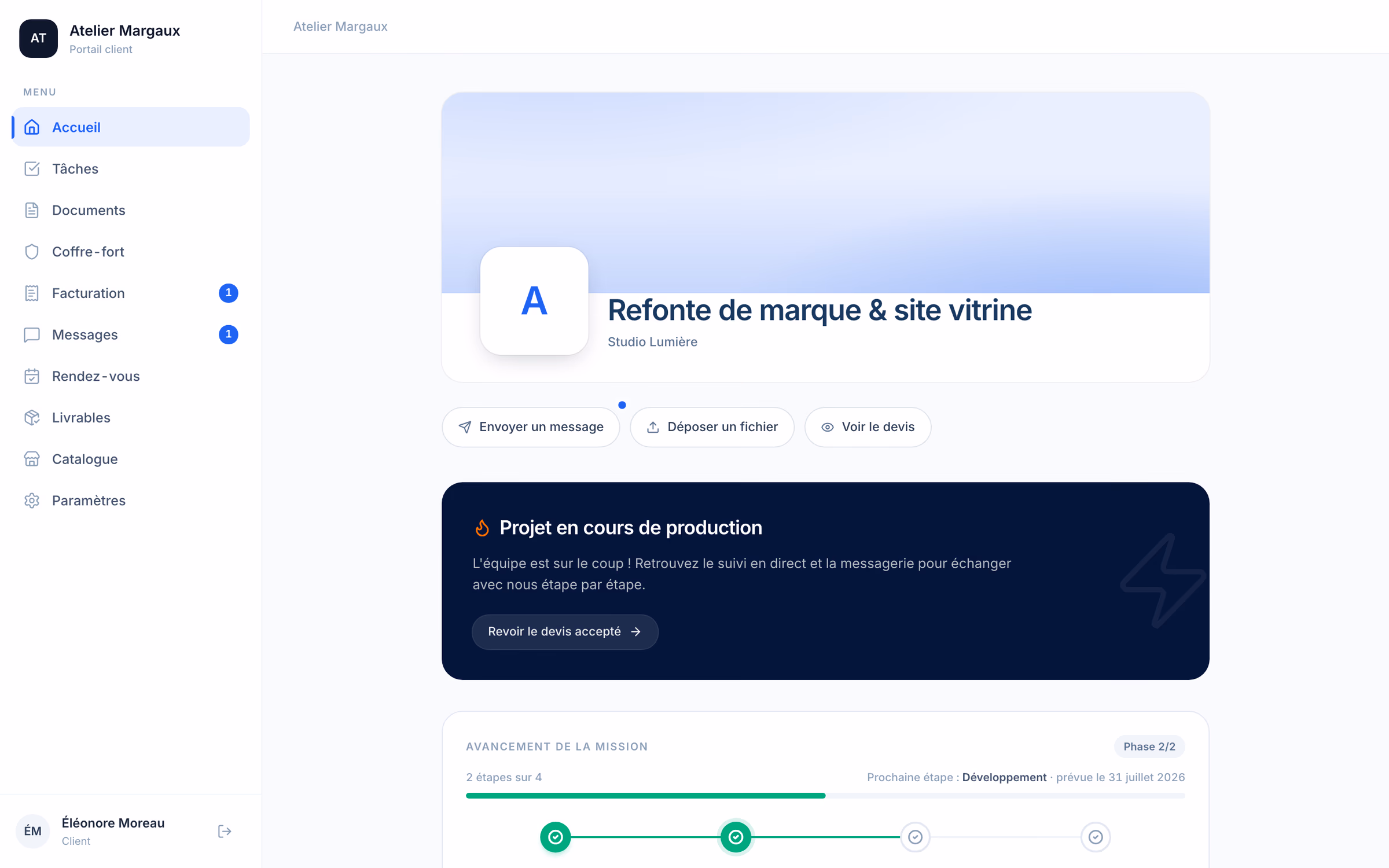 Portail client FolioDesk · vue freelance et vue client en marque blanche